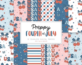 PREPPY FOURTH JULY, czerwono-biało-niebieskie kokardki, bezszwowy wzór powtarzalny, tła, papier cyfrowy do druku