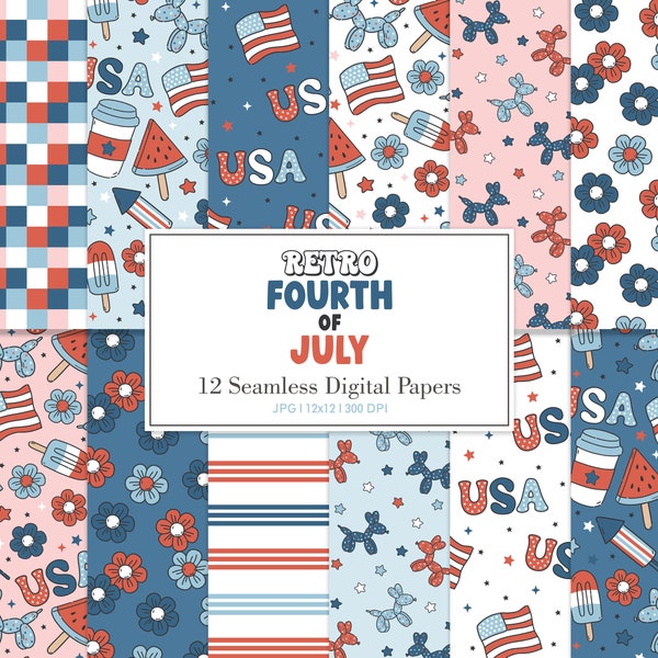 JULY 4TH RETRO, Retro Fourth July Seamless Repeat Pattern, Backgrounds, Printable Digital Paper