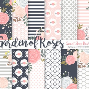 GARTEN DER ROSEN, Florale Rosen Hintergründe, druckbare digitale Papiere