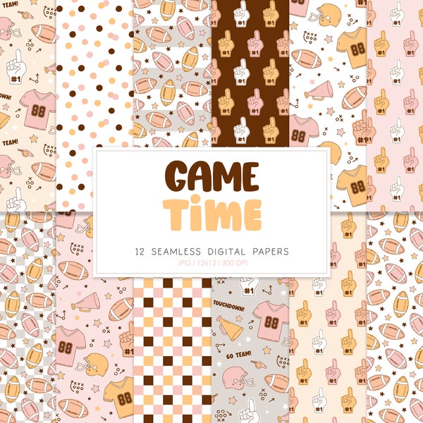 GAME TIME, Football Fall Sports Seamless Repeat Pattern, Retro Football Backgrounds, Printable Digital Paper