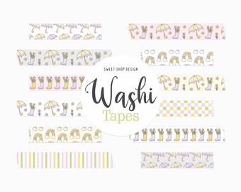 Cyfrowa taśma washi „KWIETNIOWE DESZCZE”, kwiatowe grafiki wiosenne do cyfrowego planera, Goodnotes