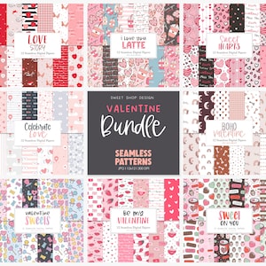 Może przedstawiać: Zestaw 12 cyfrowych wzorów papieru z motywami walentynkowymi. Wzory obejmują serca, tęcze, paski, kropki i inne wzory w kolorze różowym, czerwonym, białym i brązowym. Tekst "Valentine Bundle" znajduje się w środku obrazu.