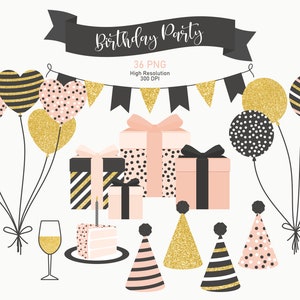 Birthday Party Clipart, Birthday Party Graphics, Food Clipart, Gold Glitter Blush Black
