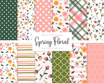SPRING FLORAL, Spring Floral Gingham Stripes Backgrounds, Printable Digital Papers