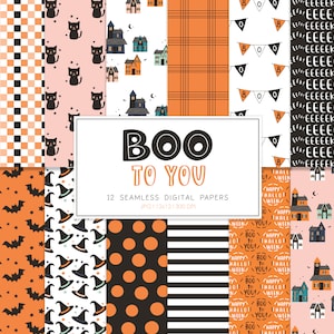 May include: A collection of 12 seamless digital papers with Halloween-themed patterns. Designs include black cats, witch hats, bats, houses, polka dots, and the text "BOO TO YOU". The color palette features orange, black, and pink.