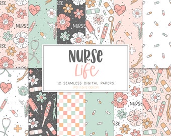 NURSE LIFE, Nurse Seamless Repeat Pattern, Retro Healthcare, Medical Backgrounds, Printable Digital Paper