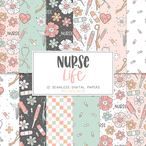 NURSE LIFE, Nurse Seamless Repeat Pattern, Retro Healthcare, Medical Backgrounds, Printable Digital Paper