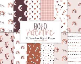 BOHO VALENTINE, Boho Valentine Rainbow Hearts Seamless Repeat Pattern, Backgrounds, Printable Digital Paper