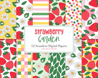 STRAWBERRY GARDEN, Floral Summer Strawberry Fruit Seamless Repeat Pattern, Backgrounds, Printable Digital Paper