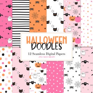 HALLOWEEN DOODLES, Halloweenowy bezszwowy wzór powtarzalny, geometryczne tła Doodle, cyfrowy papier do druku