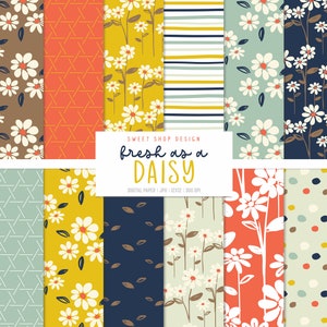 May include: A set of 12 digital paper patterns featuring daisies, stripes, polka dots, and geometric designs in a variety of colours, including yellow, blue, red, and green. The text "fresh as a daisy" is included in the image.