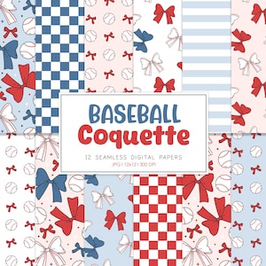 BASEBALL COQUETTE, fiocchi Coquette, motivo ripetuto senza soluzione di continuità per sport primaverili da baseball, sfondi retrò per stadi, carta digitale stampabile
