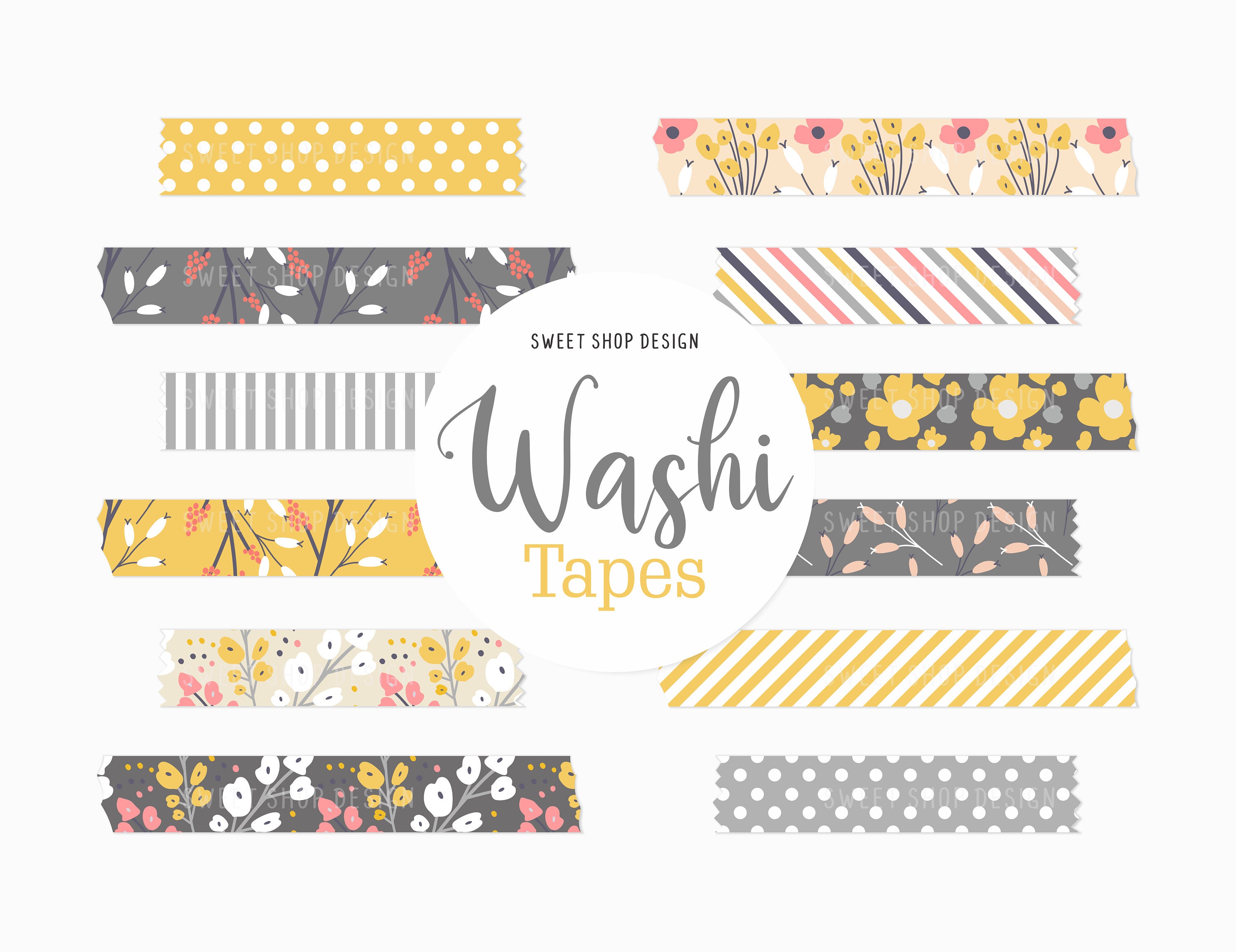 Digital Washi Tape Clipart SUNSHINE AND LEMONS, Graphics with Lemons Floral  Stripes Lattices