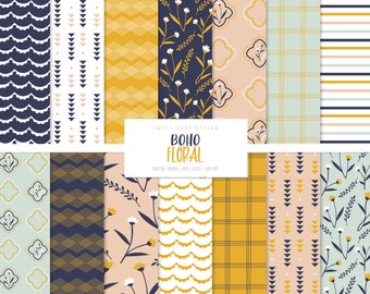BOHO FLORAL, Floral Backgrounds, Printable Digital Paper