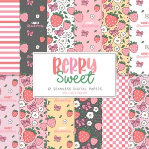 BERRY SWEET, patrón de repetición sin costuras de verano floral de fruta de fresa, fondos retro, papel digital imprimible