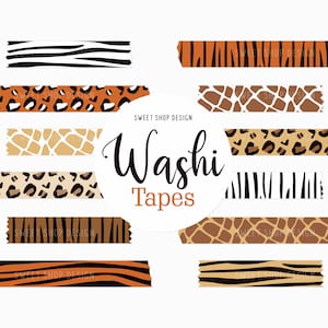 Puede incluir: Conjunto de diez cintas washi con dise&ntilde;os de estampado animal. Las cintas presentan patrones de cebra, leopardo y jirafa en negro, blanco, marr&oacute;n y naranja. El texto "Washi Tapes" est&aacute; escrito en un c&iacute;rculo blanco.