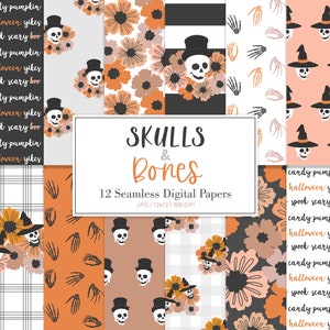 SKULLS & BONES, Boho Halloween Seamless Repeat Pattern, Skeleton Background, Printable Digital Paper