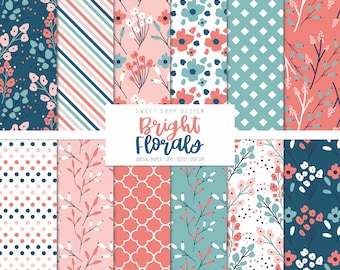 Puede incluir: Un conjunto de 12 papeles digitales con patrones florales brillantes en rosa, azul y blanco. Los patrones incluyen lunares, rayas y diseños florales. El texto "Bright Florals" está incluido en la imagen.