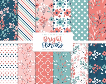 BRIGHT FLORALS, Floral Geometric Backgrounds, Printable Digital Papers