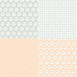 May include: Four seamless patterns in a pastel color scheme. The top left pattern features a light green background with small white circles and a repeating pattern of small floral bouquets in peach and white inside larger white circles. The top right pattern features a light green and white gingham pattern. The bottom left pattern features a light peach background with small white polka dots. The bottom right pattern features a light peach background with a repeating pattern of small floral bouquets in peach and white inside larger white circles.
