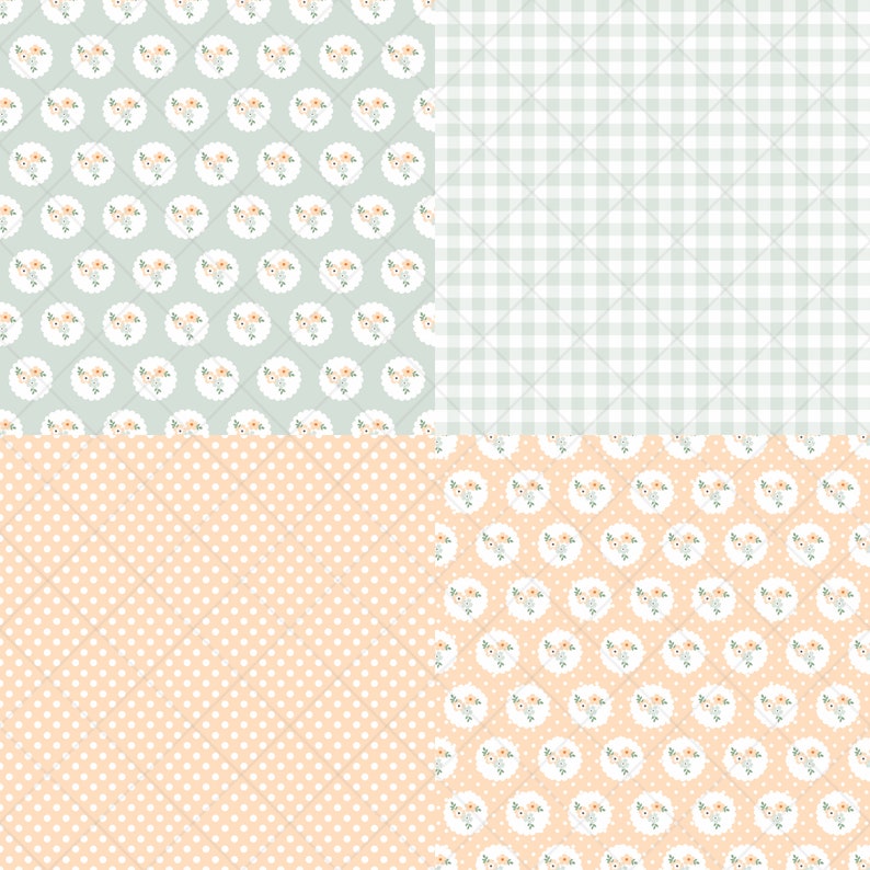 May include: Four seamless patterns in a pastel color scheme. The top left pattern features a light green background with small white circles and a repeating pattern of small floral bouquets in peach and white inside larger white circles. The top right pattern features a light green and white gingham pattern. The bottom left pattern features a light peach background with small white polka dots. The bottom right pattern features a light peach background with a repeating pattern of small floral bouquets in peach and white inside larger white circles.