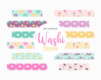 Digital Washi Tape Clipart SPRING GARDEN, Graphics with Polka Dots Floral For Digital Planner, Goodnotes