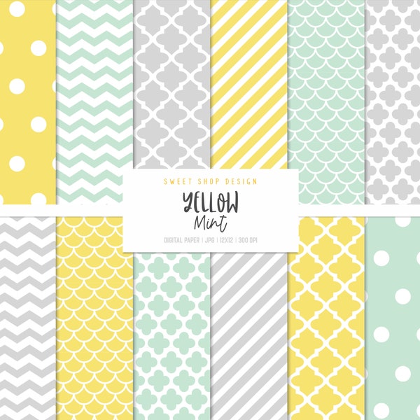 MINT AND YELLOW, Geometric Backgrounds, Printable Digital Paper