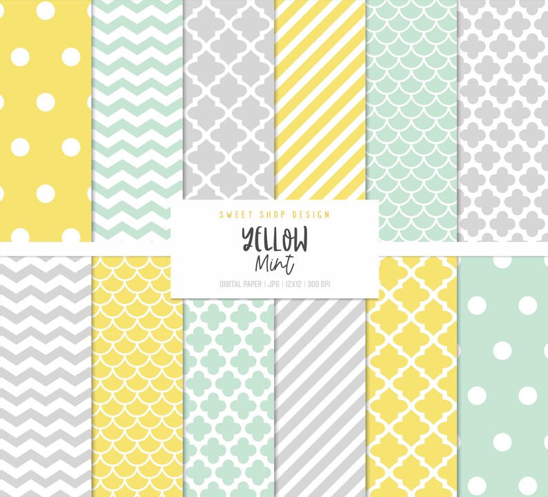 MINT AND YELLOW, Geometric Backgrounds, Printable Digital Paper image 1