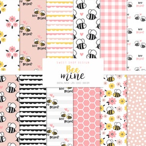 Valentine BEE MINE, Valentine Bumble Bee Sfondi rosa e gialli, carta digitale stampabile