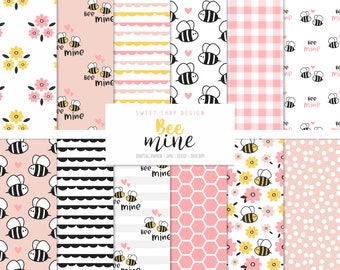 Valentine BEE MINE, Valentine Bumble Bee Pink Yellow Backgrounds, Printable Digital Paper