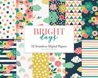 BRIGHT DAYS, Floral Rainbow Clouds Seamless Repeat Pattern, Backgrounds, Printable Digital Paper