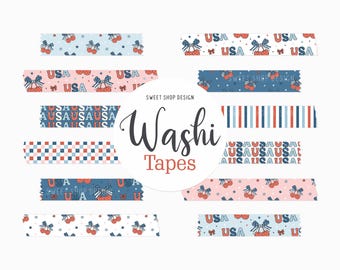 Cyfrowa taśma washi z motywem preppy z okazji 4 lipca, flagi USA, grafiki gwiazd do cyfrowego planera, Goodnotes