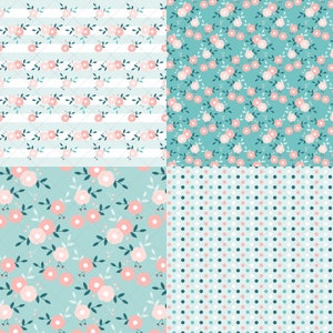 May include: Four seamless patterns featuring a light blue background with pink flowers and green leaves. The patterns include a striped pattern, a polka dot pattern, and two floral patterns.