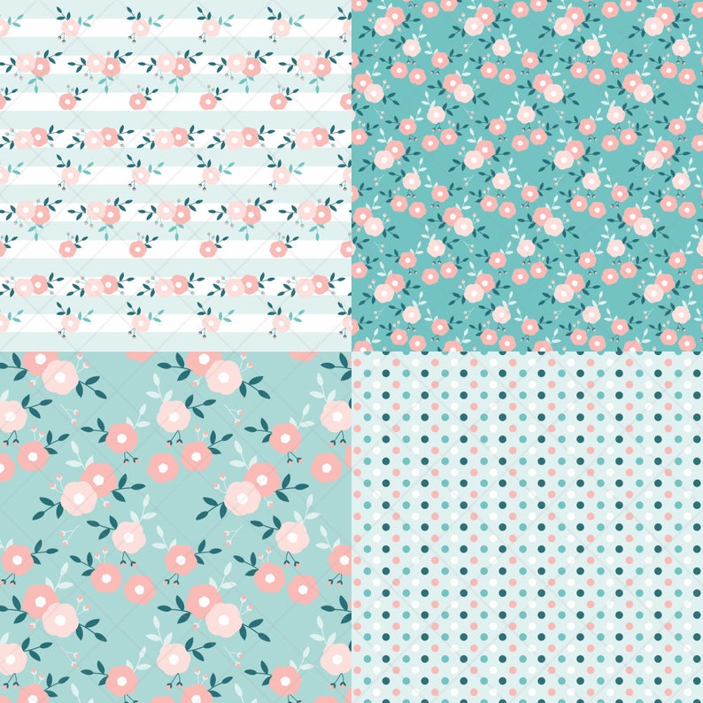 May include: Four seamless patterns featuring a light blue background with pink flowers and green leaves. The patterns include a striped pattern, a polka dot pattern, and two floral patterns.