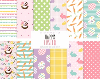 HAPPY EASTER, Bunnies Easter Eggs Hunt Geometric Backgrounds, Printable Digital Paper