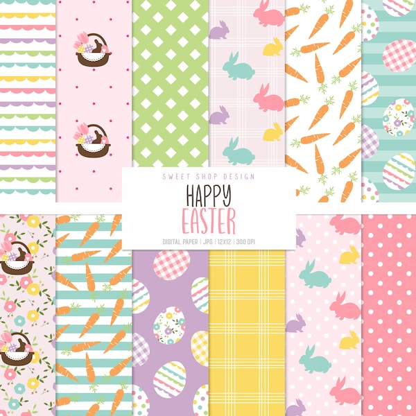 HAPPY EASTER, Bunnies Easter Eggs Hunt Geometric Backgrounds, Printable Digital Paper