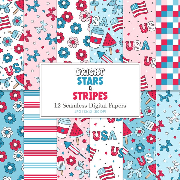 BRIGHT Stars & Stripes, Retro Fourth July Seamless Repeat Pattern, Backgrounds, Printable Digital Paper