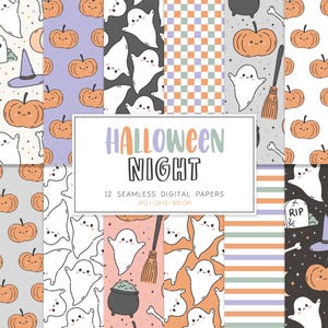 HALLOWEEN NIGHT, Halloween naadloos herhalingspatroon, retro handgetekende geometrische achtergronden, afdrukbaar digitaal papier