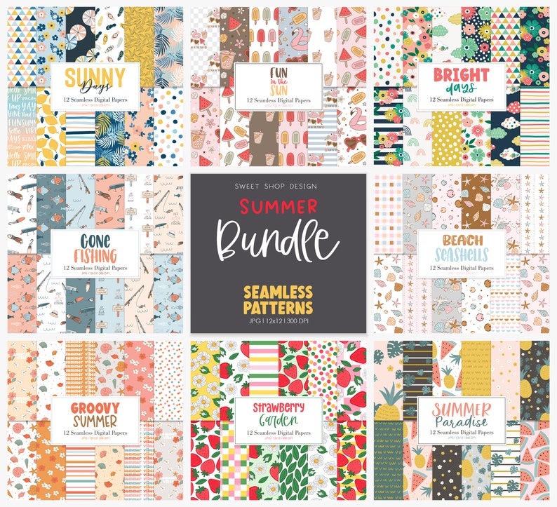 May include: A set of 12 digital paper patterns with summer themes. The patterns include images of pineapples, strawberries, seashells, fish, and more. The patterns are in a variety of colors, including pink, blue, yellow, and green. The text "Summer Bundle" is in the center of the image.