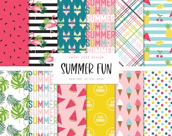 May include: A set of 10 digital paper patterns featuring summer themes. The patterns include watermelon slices, flamingos, palm leaves, ice cream cones, polka dots, and the words "Summer Fun".