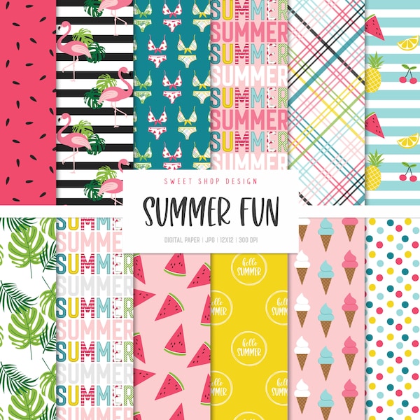 SUMMER FUN, Tropical Flamingo Watermelon Fruits Ice Cream Bikinis Backgrounds, Printable Digital Papers