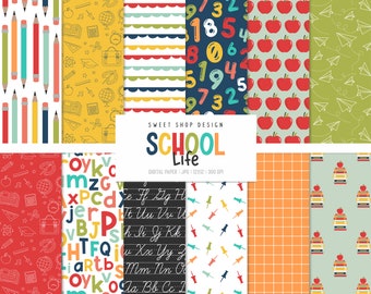 May include: A set of 12 digital papers featuring school-themed patterns. The patterns include pencils, apples, numbers, letters, and more. The papers are perfect for scrapbooking, card making, and other craft projects.