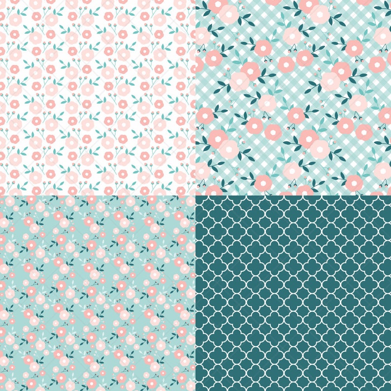 May include: Four seamless patterns featuring a variety of floral designs. The patterns include pink flowers with green leaves on a white background, pink flowers with green leaves on a light blue gingham background, pink flowers with green leaves on a light blue background, and a teal geometric pattern on a dark teal background.