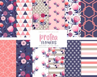 PROTEA FLOWERS, Floral Navy Pink Geometric Backgrounds, Printable Digital Paper