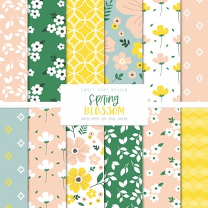SPRING BLOSSOM, Floral Pink Yellow Green Backgrounds, Printable Digital Paper
