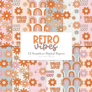 RETRO VIBES, Retro Happy Face Seamless Repeat Pattern, Backgrounds, Printable Digital Paper