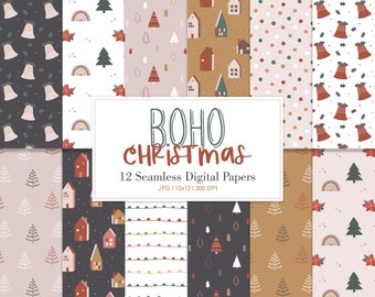 BOHO CHRISTMAS, Nordic Scandinavian Seamless Repeat Pattern, Backgrounds, Printable Digital Paper