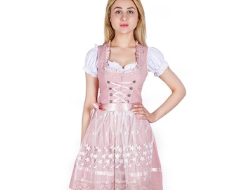 Rosa Polka Dot Dirndl Kleid, 3-teiliges Spitzenschürzen-Set, Baumwoll Satin bayrisches Outfit
