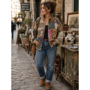 PatchArt Patchwork Batik Jacket Womens L Boho Artisan Chore Shirt Coat Artsy