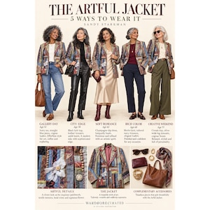 May include: A collage titled THE ARTFUL JACKET 5 WAYS TO WEAR IT by Sandy Starkman. It displays five outfits featuring a multi-colored patchwork blazer paired with various trousers, skirts, and accessories. Includes close-up views of the jacket fabric, bead trims, and coordinating items like a brown leather tote, scarf, and sunglasses.